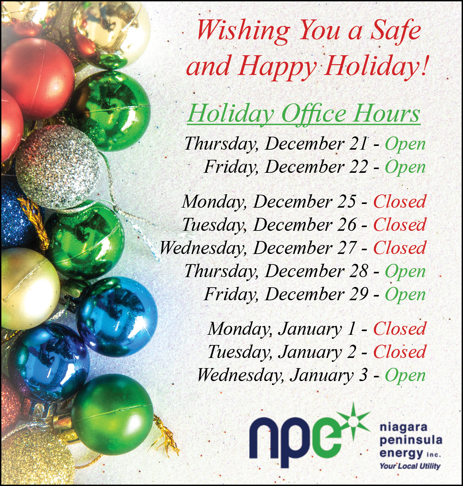 An image showing the 2023 Holiday Hours for NPEI