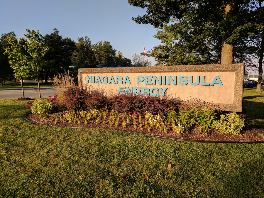 The sign out front of the Niagara Peninsula Energy Inc. office showing the name of the company