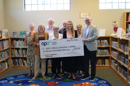 the photo shows a group photo with NPEI staff and West Lincoln dignitaries at a cheque presentations in West Lincoln